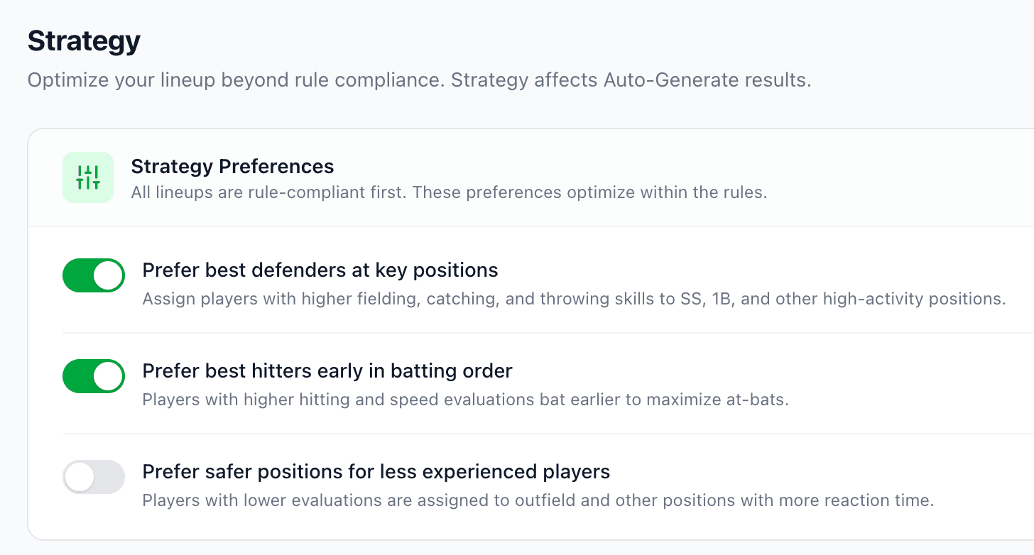 Lineup generator showing skill-based position assignments