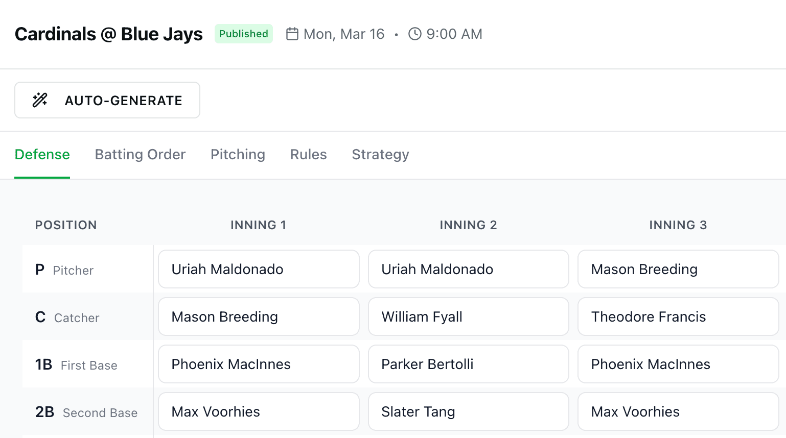 Fungo lineup generator showing batting order and defensive positions