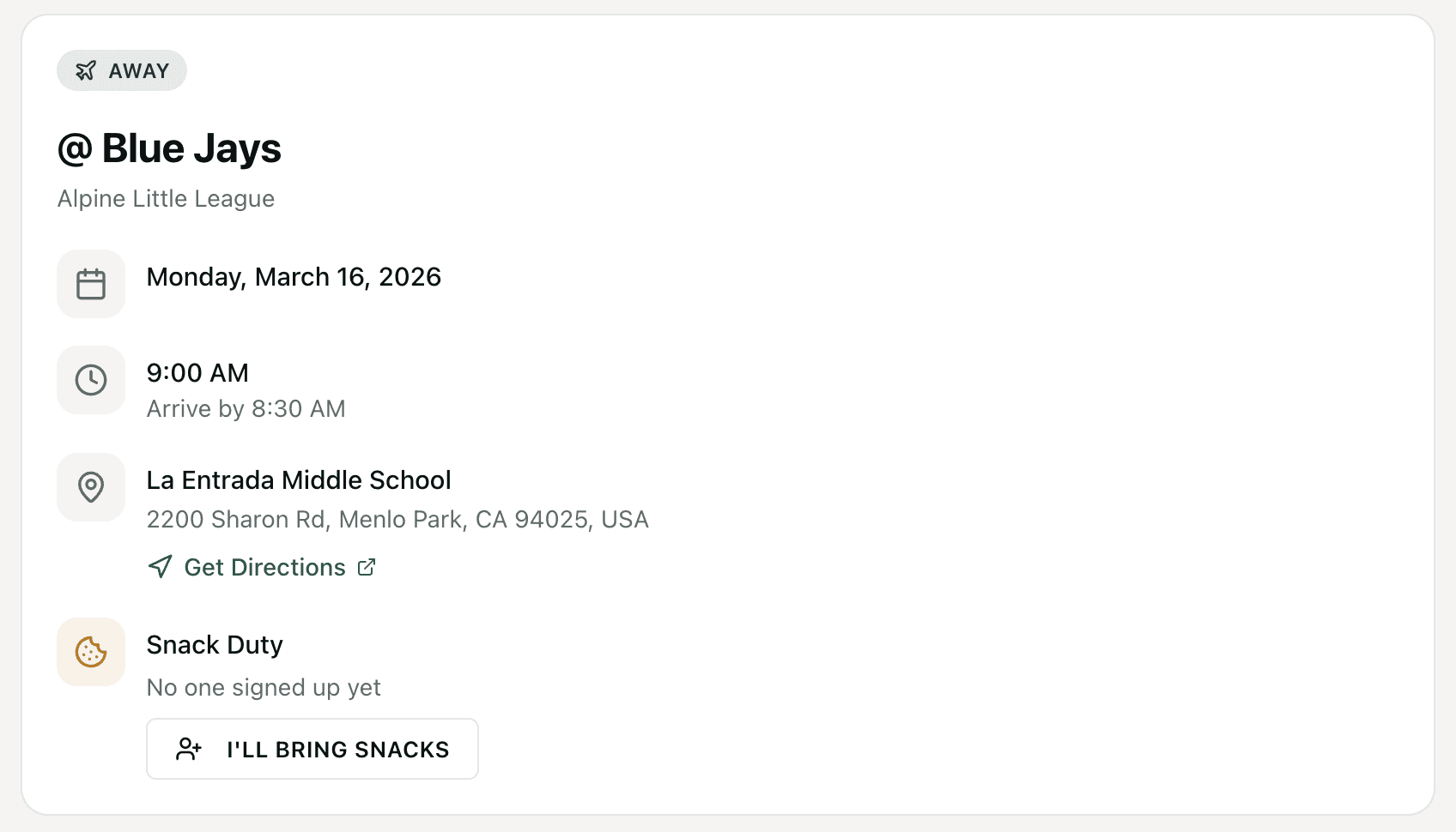 Fungo team calendar showing upcoming games and practices